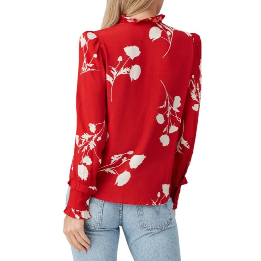 ba&sh Red Floral Ruffle V-Neck Button Front Blouse - Picture 2 of 8